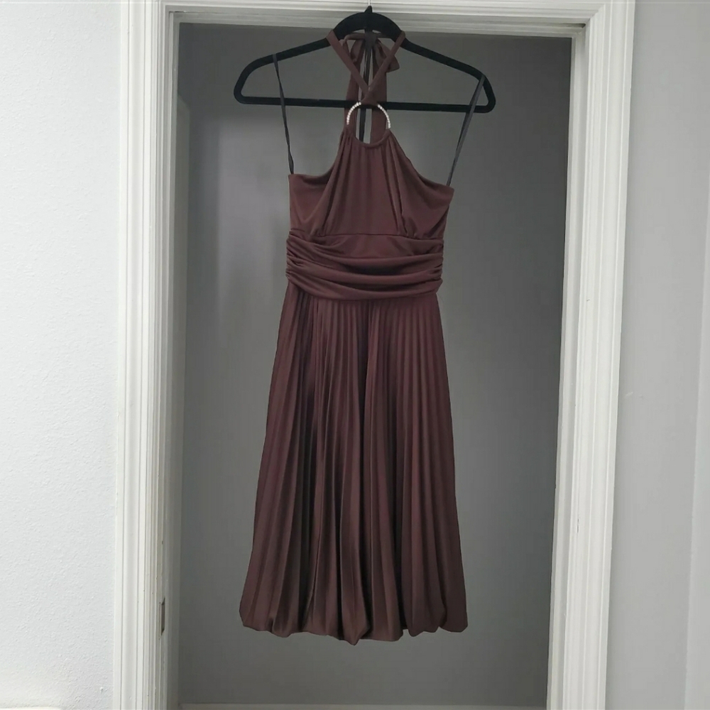Vintage Y2K Cache Brown Pleated Halter Dress Made in USA